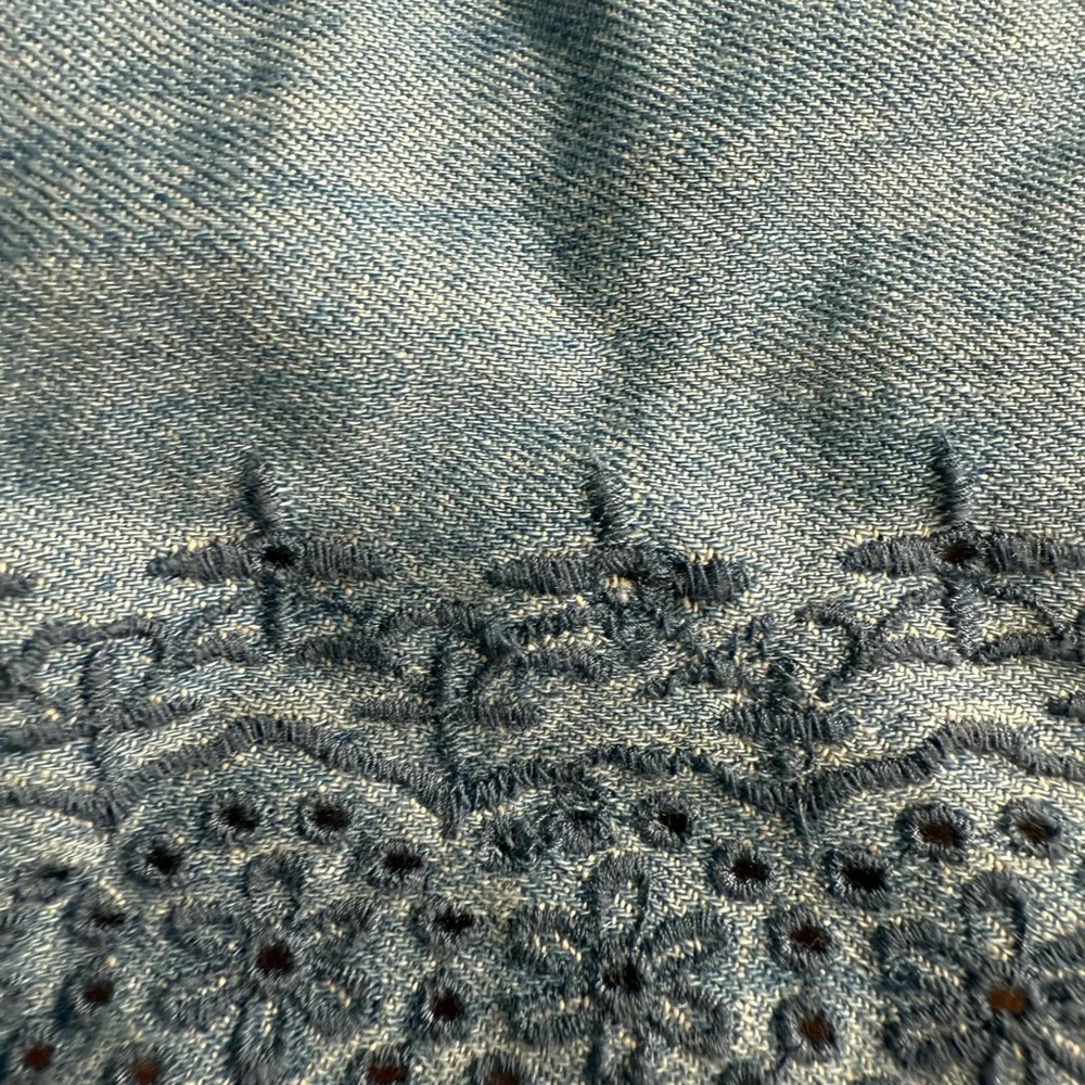 Blue Embroidered Square-Neck Puff Sleeve Top